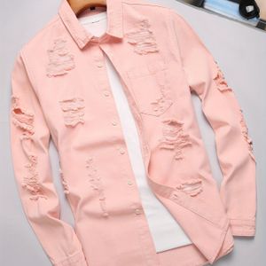 Modieus ontwerp Heren lange mouw knoopsluiting revers denim overhemd met ruwe afwerking, puur katoen vrijetijdskleding voor dagelijks en gebruik.