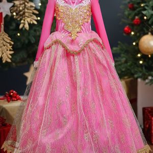 Elegante Prinsessenjurk voor Meisjes met Lange Mouwen & Schouderband - Roze Bloemen Jurk met A-lijn en Kleur voor Verjaardagen, Kerstmis, Halloween - Speciale Winter Outfit voor Meisjes