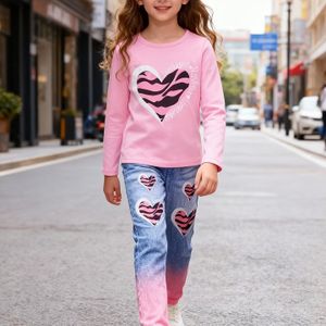 Meisjes T-shirt met Lange Mouwen Roze Top + Anti-Geverfde Broek Hartpatroon Print 2- Set Geschikt voor Buitenkleding, Perfect voor Buiten
