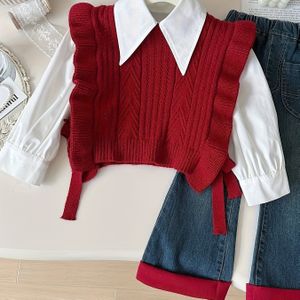 Meisjes Lente/Herfst Gebreide Vest en Broek Set | Koreaanse Stijl, Kleurblok, Ronde Hals, Lange Mouw, Casual Pasvorm, voor Buiten