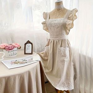 Stijlvol roze bloemen keukenjas voor dames - 100% katoen, mouw ontwerp, kanten details, perfect voor koken, en nagelkunst | Elegante huisdecoratie en functionele werkwear, schattige apron