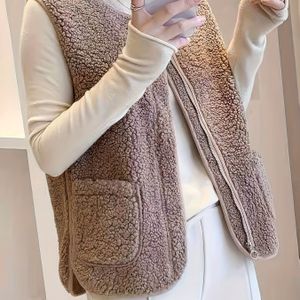 Vrouwen Casual Korte Mouw Gebreid Vest met Rits Voorkant, Kleur Gebreid Polyester Vest met Zak, Ronde Hals, Volwassenen Unisex Herfst/Winter Kleding