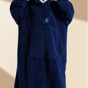 Men's Navy Blue Hooded Sweatshirt With Pocket - Extra Long, Thick Winter Pullover, Warm Blanket, , Polyester Fabric, Wear, Casual Wear Hoodie | | Knit Construction, Winter Clothes