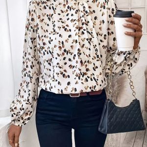 Elegante hoge hals gedrukte blouse voor vrouwen, polyester lantaarn mouw shirt, alle seizoenen geweven volwassen top