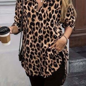 Elegante blauw met lange mouwen en luipaardprint voor dames - Overhemd met knoopsluiting en V-hals, lichtgewicht polyester voor lente, zomer en herfst, geschikt voor casual en formeel