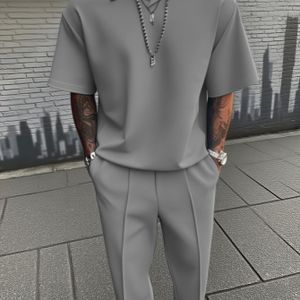 Heren Casual Kleur Korte Mouw Lange Broek Set - Lichtgrijs, Overhemd met Knoopsluiting en Borstzak, Losse Pasvorm, Zomerstijl, Casual Kleding|Casual Stijl|Lichtgewicht Stretch Stof