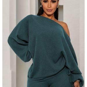 2-delige T-shirt en legging set, lantaarnmouw one-shoulder top met trekkoord en skinny legging outfit, dameskleding.