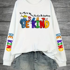 Plus Size Inspirerende Dierenalfabet Print Sweatshirt - Casual Crew Neck Pullover met Lichte Stretch, Polyester Breiselstof, Herfst/Winter Gezellige Top met BE KIND Ontwerp