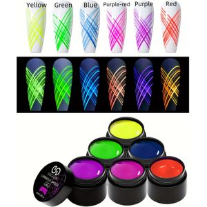 -the-Dark Nagelgel Liner Set - 6 Zachte Pastelkleuren, Neon Groen Blauw Roze, Lichtgevende Vernis voor LED Uitharding, Vereist Borstel voor Swirl Nail Design