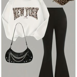 Meisjes Modieuze Luipaardprint Ronde Hals Lange Mouw Top en Zwarte Wijde Pijpen Broek Set | Casual, Ribgebreide, Medium Stretch Stof, Geschikt voor Alle Seizoenen, voor Buiten