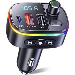 FM-zender voor in de auto, draadloze 5.0 QC3.0 en PD 18 W USB-C, auto-ontvanger met 9 RGB-achtergrondverlichting, ondersteuning voor handsfree , Google, USB-station