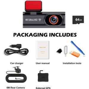 4K Dashcam Ultra HD Autocamera met Voor- en Achtercamera, Ingebouwde 5.8Ghz WiFi, Opname op Schijf DVR, Parkeermonitor, WIFI App Bediening, Super Nachtvisie