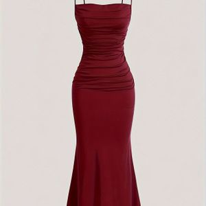 Effenkleurige spaghettibandjes jurk, sexy mouwloze gerimpelde voorkant zeemeermin jurk voor lente en zomer, dameskleding