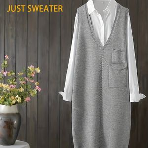 Plus Size - Plus Size Dames Europese en V-hals Trui met Kabel Design en Dubbele Zakken, Elegante Mouwloze Jurk.