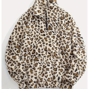 Heren Luipaardprint Pluche Fleece Hoodie - Volledige Ritssluiting aan de Voorkant, Losse Pasvorm Lange Mouwen Winter Warm, Bruine Dierenprint