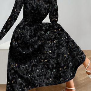 Vrouwen Elegante A-lijn Jurk met Unieke Kattenprint, Lange Mouwen Ronde Hals Polyester Breiselstof, Losse Pasvorm Uitlopende , Vakantie Stijl - 95% Polyester 5% Elastaan