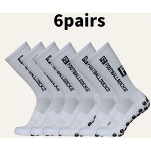 6 paar dikke siliconen antislip handdoekbodem FS voetbalsokken met sterke grip, geschikt voor voetbalwedstrijden, wandelen, basketbal, buitensporten, slijtvast, ademend en met antislip lettering.