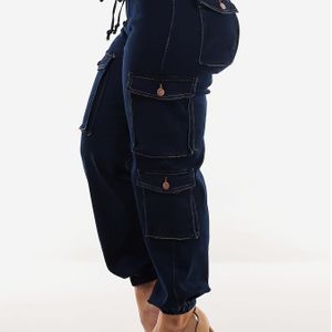 1 stuk Dames Hoge Rekbare Kleur Cargo Broek, met Zakken, Street Style, Denim Jogger met Touwtje