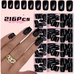 216-delige Glanzende Zwart/Wit/Rood Vierkante Plaknagelset - Korte, Volledige , Kleur Nepnagels, Perfect voor DIY Manicure, Ideaal voor Vrouwen en Nagelaccessoires