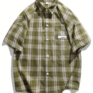 Herren Retro Geruit Overhemd met Korte Mouwen - Casual Zomerse Knoopsluiting met Borstzakje, Donkerblauw & Beige Ruitpatroon, Losse Pasvorm voor Casual Dracht, Topjes met Korte Mouwen