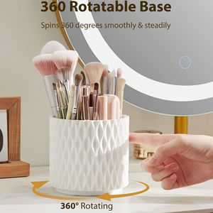 1pc 360° Rotating Makeup Brush Holder - Textured White Plastic Organizer For Brushes, Combs & Accessories | Ideal For Vanity, Bathroom & Desk Storage, Makeup Vanity Desk