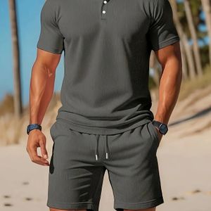 Men's Summer Two-piece Set: Lightweight Red Shirt With Pockets & Drawstring Waist Shorts - Breathable Mesh Fabric, Beach, Golf, Outdoor Activitie