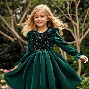 Elegante fluwelen jurk met en pailletten | Romantische vintage stijl, donkergroen, lange mouwen, ronde hals, geschikt voor dagelijks gebruik, vakanties, feesten, schoolvoorstellingen en meer