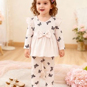 Schattig baby meisjes stoffen vlinderset met - witte lange mouw top & zwarte en witte broek, strik accent, perfect voor lente/herfst, baby kleding, voor buiten