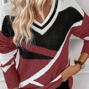 Geometrische Color Block V-hals gebreide trui, casual lange mouwen trui voor herfst en winter, dameskleding
