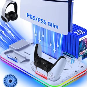 For Ps5 Stand Cooling Fan For Ps5 Slim, & Disc With 3- Adjustable Fan, Headset Holder, Rgb Lights-white&black