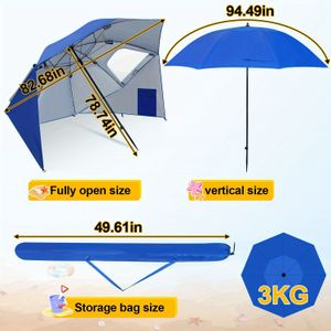 Beach Shell Parasol 2 In 1 - For Beach, Garden Or Camping, Uv Protection Uv50+, Diameter 210x220 Cm, With Window, Carry Bag And Folding - In Khaki, Blue Blue.
