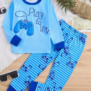 VERYNEW Gaming Pyjama Set voor Jongens - Lichtblauw & Gestreept Shirt met Lange Mouwen & Broek met '' Grafische Print, Zachte Stretch Stof, Regular Fit Casual Nachtkleding voor