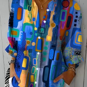 Women's Casual Geometric Print Long Sleeve Button-up Shirt - Vibrant Color Block , Classic Collar, Machine Washable Non-stretch Fabric For Wear, Smooth