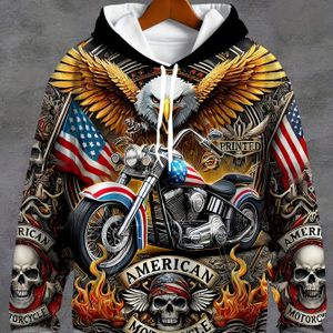 Hoodie met Patriottische & Motorfiets Grafiek - Lange Mouwen, Casual Pullover met Trekkoordzak, Amerikaanse Vlag Ontwerp, Polyester, Machinewasbaar voor Herfst/Winter