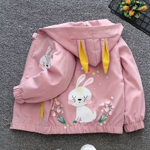 Gele konijnenprint hoodie voor meisjes met roze konijnen & bloemenaccenten - Lichtgewicht lente/herfst jas, ritssluiting, losse casual bovenkleding voor dagelijks gebruik & lente bovenkleding