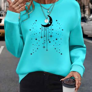 Vrouwen Celestial & Sterren Print Lange Mouw Ronde Hals Trui - Turquoise met Zwarte Grafische Print, Wasbaar Casual Elegante Pullover, Alledaags , Relaxed Fit, Makkelijk te Onderhouden Kleding