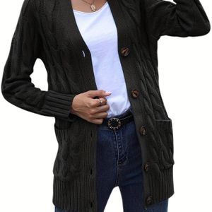 Plus Size, Plus Size Dames Lange Mouwen Kabeltrui Open Voorzijde Knopen Losse Trui