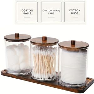 3-Pack Acryl Wattenstaafjes Dispenser Set met Bamboe Deksels, Vrijstaande Make- & Flosdraad Organizer, Gepolijste Afwerking, Geen Elektriciteit Nodig, Inclusief Bamboe Schaal