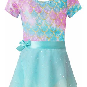Meisjes Dansoutfit Set: Korte Mouw Balletrok en Glanzende Strakke Leggings, Perfect voor Buiten