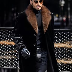 Winterpluche warme jas voor heren, casual mode zakelijke feestbruine koffiekleur, zwarte hoge kwaliteit imitatiebont, lange zachte comfortabele lange jas voor herfst en winter