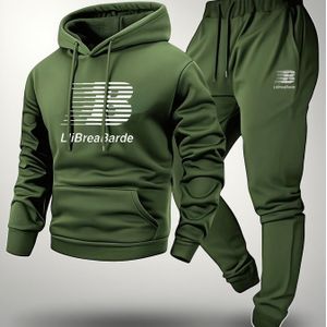 Heren Letterprint Casual Hooded Sportswear Set - 100% Lange Mouwen Pullover met Trekkoord Joggers, Light Stretch voor /Herfst Buitenactiviteiten