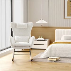 Living Room Single Chair, Lounge Chair, Soft Teddy Bear Plush Rocking Chair, Living Room Lounger With Headrest - Weight Capacity Up To 113 Kg, White
