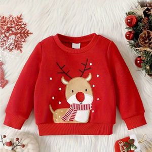 Baby Jongens Schattige Cartoon Kerst Hert Geborduurde Fleece Sweatshirt, Kinderkleding Herfst En Winter