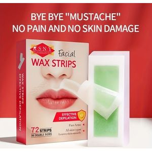 72 stuks RSNY gewaxt papier voor gezicht, benen, armen, etc., pijnloos & eenvoudig ontharen, geschikt voor alle lichte beige types, resultaat, snel en zonder restjes