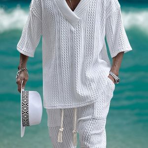 2024 Grensoverschrijdende Jacquard Vrijetijdskostuum Heren Zomer Losse Korte Mouwen Shorts V-hals Sportkostuum Twee-Delige Kostuum Heren