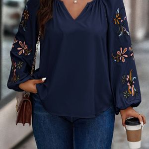 1pc Elegante Bloemenborduursel Lantaarnmouw Top, Polyester V-hals Kraagloze Pullover, Niet-Stretch Pasvorm Overhemd voor Alle Seizoenen, Weekend Casual Kleding
