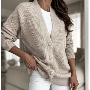 Plus Size - Dames Plus Size V-hals Cardigan - Casual Lange Mouw Trui met Voor, Beige, Zacht & Cozy voor Herfst/Winter, Comfortabele Kleding | V-hals Trui | Constructie, Cardigan Trui