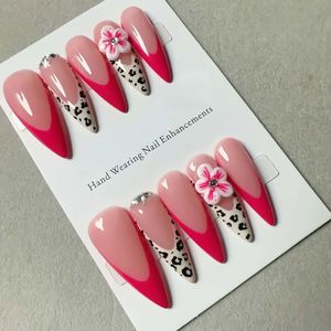 10 stuks Handgemaakte Nepnagels - Medium Traanvorm, Roze & Zwart Ombre, Bloemen- en Luipaardprint Designs, Hoogglans Lak, Herbruikbare Kunstnagels voor Evenementen & Speciale Gelegenheden