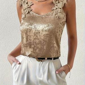 Elegante gouden bloemen geborduurde tanktop voor dames - niet rekbaar, kleur, lente/zomer mode, mouwloze blouse | Bloemen geborduurde top | Decoratieve top, bloemenprint top