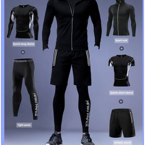 Five-piece Men' Set For Gym, Running, Basketball, And Outdoor Activities - Quick-dry, Stretchy, Sleeveless, Long-sleeve, Mesh-lined, Training Suit With Hooded Jacket, Tight Pants, And Shorts.